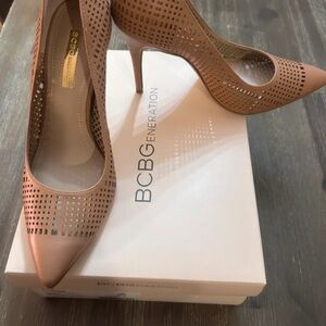 BCBGeneration Taupe Perforated Pointed-Toe Stiletto Pumps
